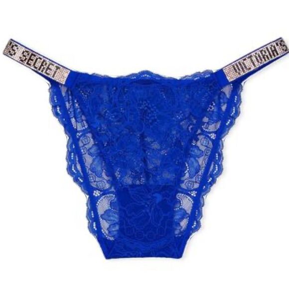 Victorias Secret Crystals Rhinestone Shine Strap Bikini Lace Panty blue Oar Lace - Picture 2 of 9